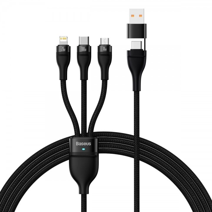 Кабель USB Type-C Micro Lightning 100Вт 1.2м черный Baseus Flash Series II CASS030101