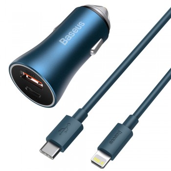 Зарядка в прикуриватель для айфон USB Type-C 40Вт голубая Baseus Golden Contactor Pro TZCCJD-03