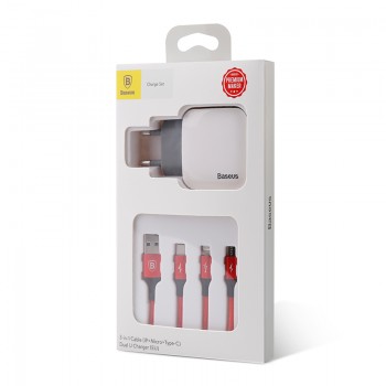Кабель з зарядним BASEUS Dual Charger + 3in1 Cable 1.2M червоний TZCL-D92