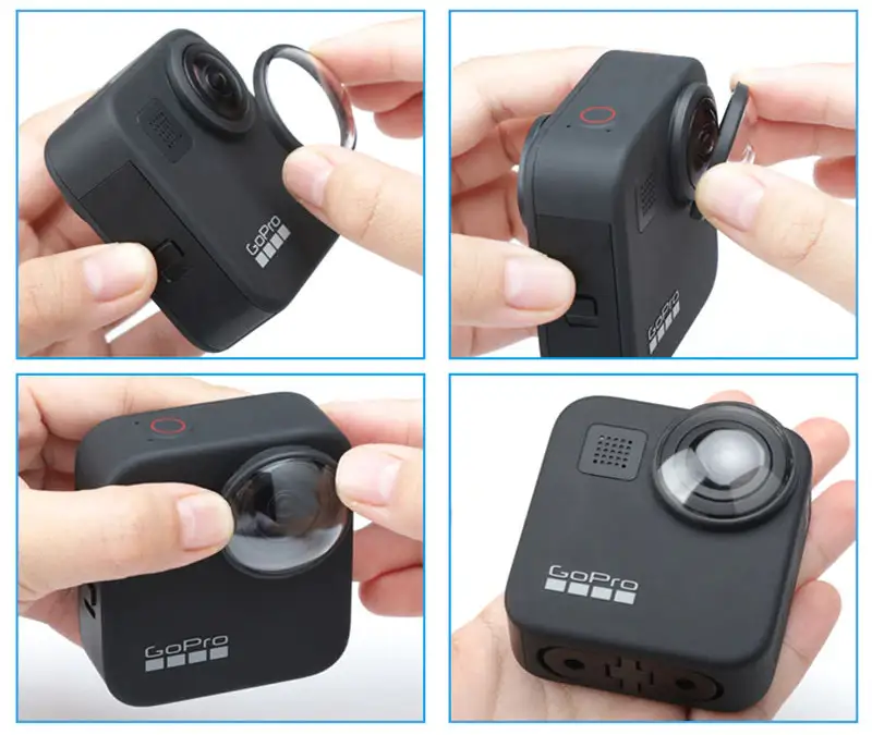 зображення процесу установки захисного скла на лінзу GoPro Max