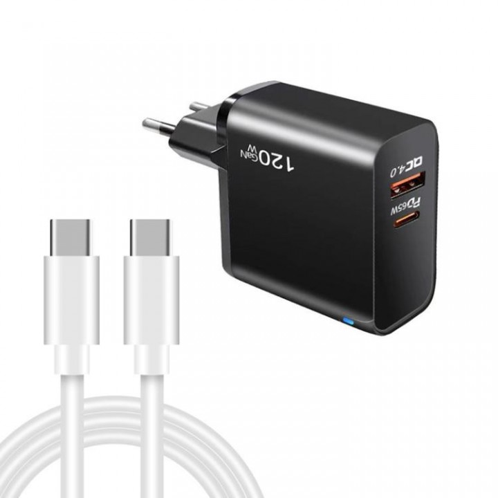 Зарядка 120Вт GaN Type-C PD 65Вт + USB QC4.0 чорна Puluz TE-PD65B