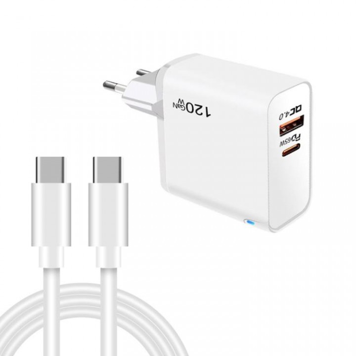 Зарядка 120Вт GaN Type-C PD 65Вт + USB QC4.0 біла Puluz TE-PD65W