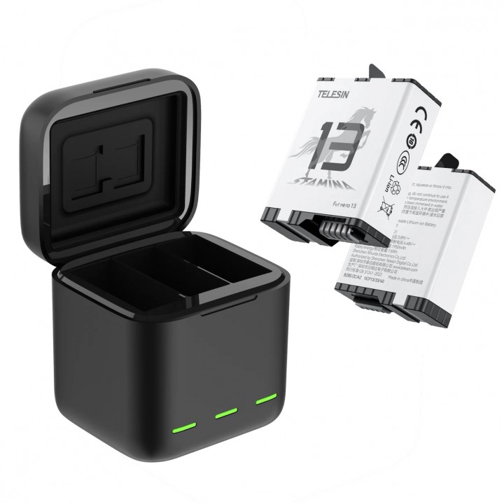 Зарядка GoPro 13 и два морозостойких аккумулятора Telesin S0-ECB-10-TGP