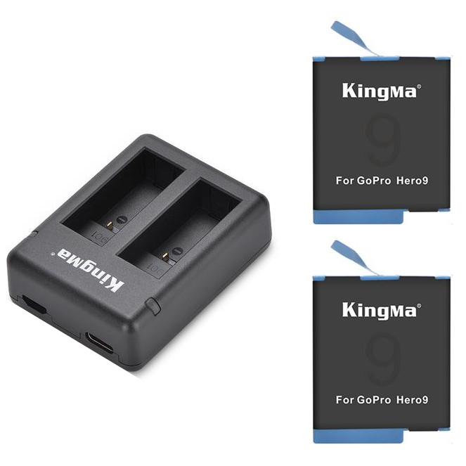 фото комплектації зарядного пристрою на два слота і двох акумуляторів GoPro 9 KingMa BM059-GP9